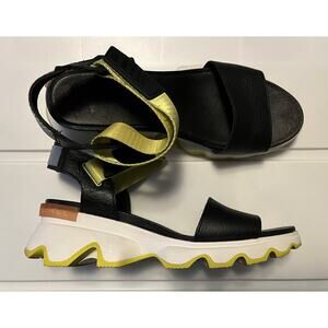 Sorel Kinetic Platform Sandals Women's Size 10.5 Leather Black Yellow Chunky